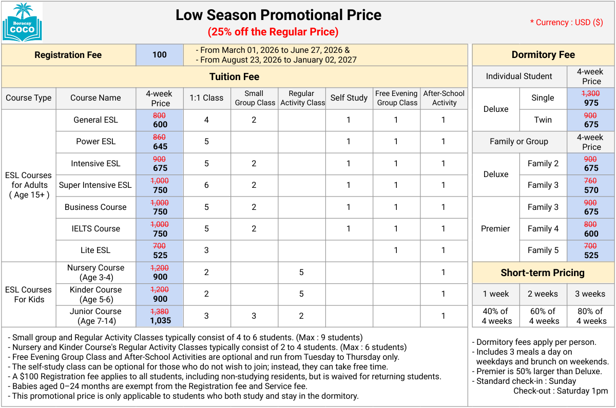 Precios de los cursos de inglés en Filipinas, Boracay.